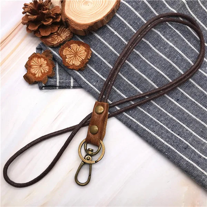 Cowhide Genuine Leather Lanyard Neck Strap for Mobile Phone Badge Keys Id Credit Work Card Holder Wrist Neck Lanyard Keychain