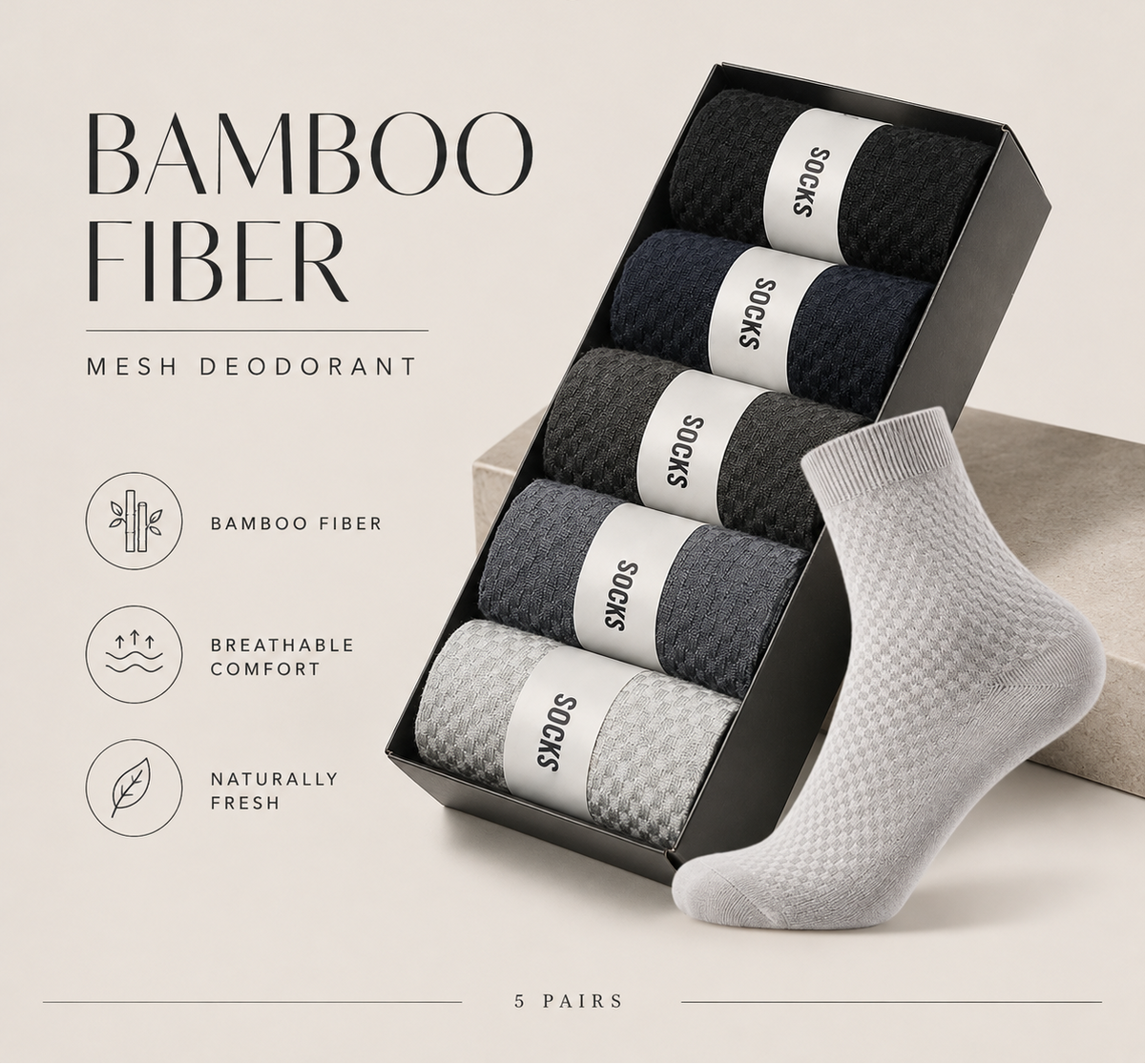 Bamboo Fiber Compression Crew Socks – 5 Pair Set