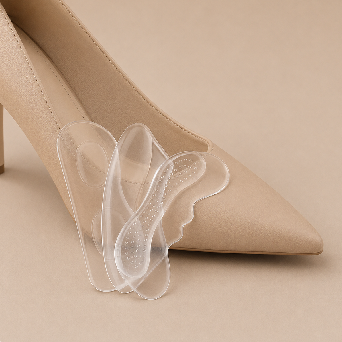 Three transparent silicone shoe inserts displayed on the toe area of a beige pointed-toe high heel, set against a solid beige background.