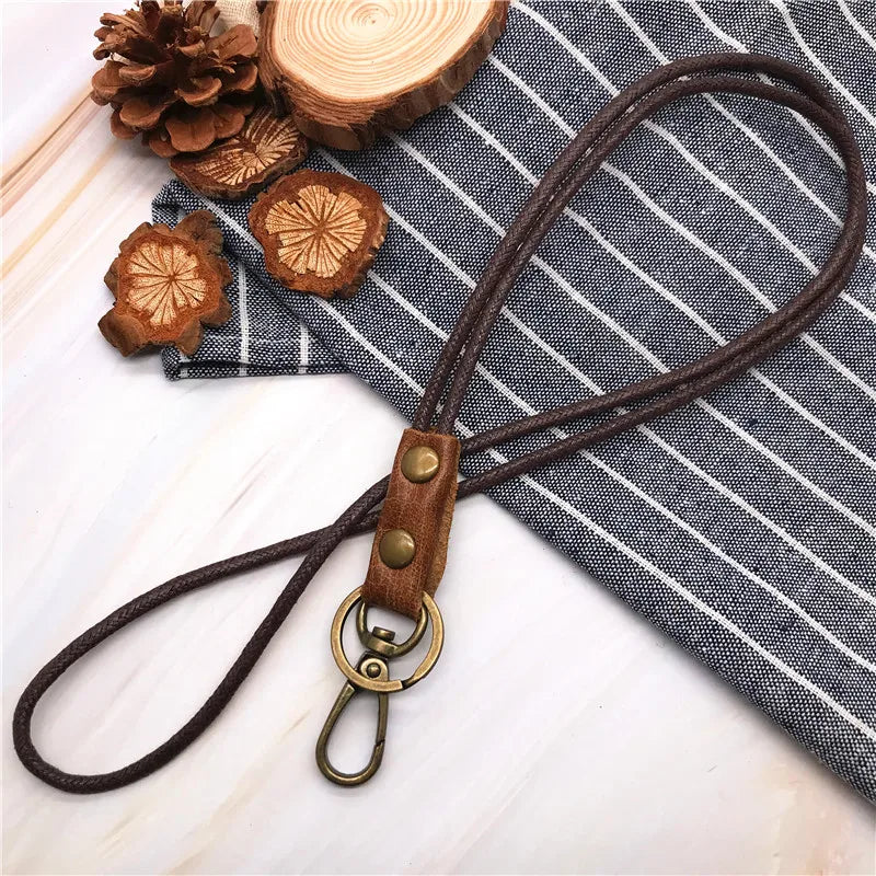 Cowhide Genuine Leather Lanyard Neck Strap for Mobile Phone Badge Keys Id Credit Work Card Holder Wrist Neck Lanyard Keychain
