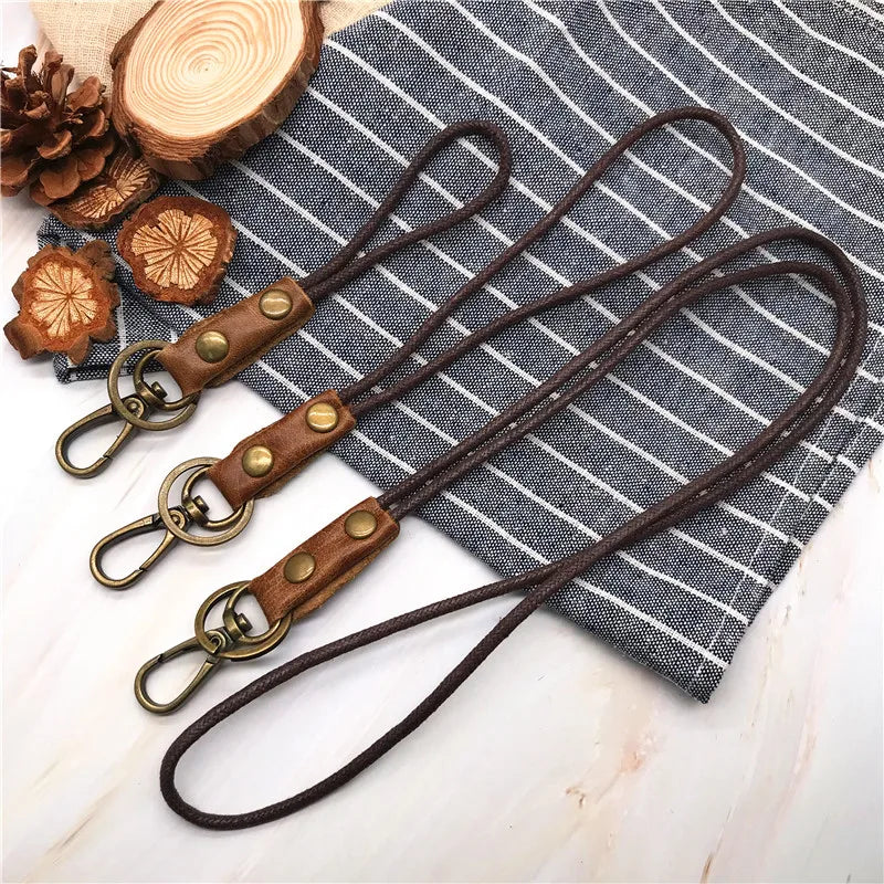 Cowhide Genuine Leather Lanyard Neck Strap for Mobile Phone Badge Keys Id Credit Work Card Holder Wrist Neck Lanyard Keychain
